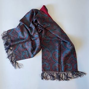 Vintage Bloomingdale’s Red and Blue Paisley Fringe Silk Scarf